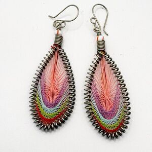 String Art Teardrop Pierced Earrings Silver Tone Dangle BOHO Artisanal Multicolo
